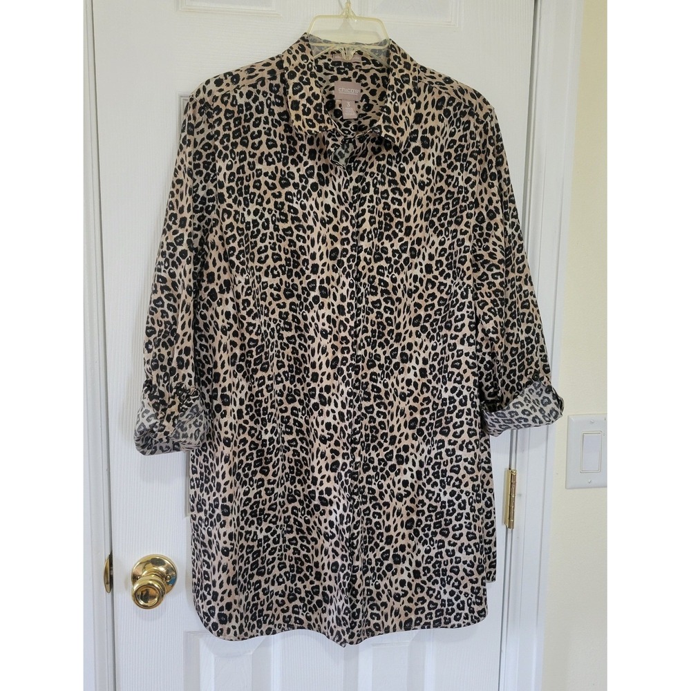 Chicos Leopard Print Button Up Shirt 100% Cotton Tunic Tan Black Size‎ 3 L 16/18